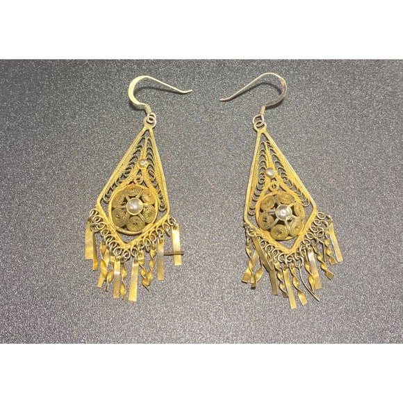 Vintage Victorian Filigree Dangle Earrings Vermeil Tone 925 Hooks - Picture 2 of 7